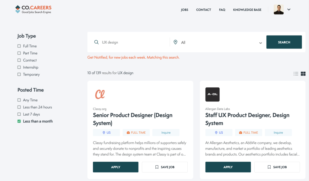 Logged in user finds 139 fresh ux design jobs at good organizations
