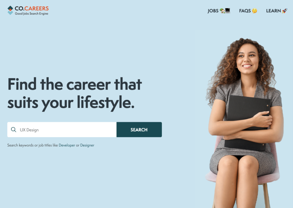 CO.CAREERS Good Jobs Platform screenshot of the homepage with job seeker searching for UX Design jobs