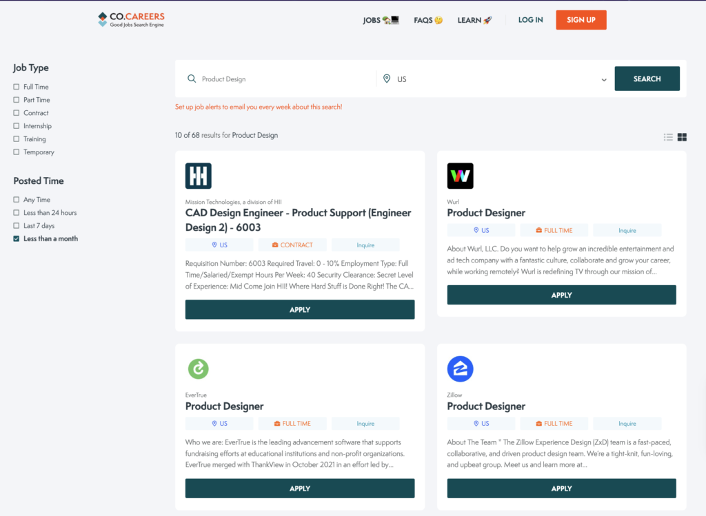 Good Product design jobs search results from CO.CAREEERS showing 68 product design jobs posted in the last month in the US